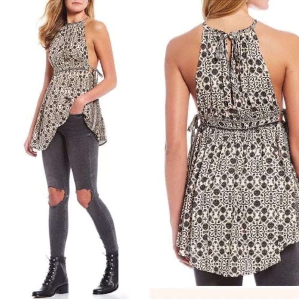 Free People Mid Summers Day Printed Abstract Halter Top Tunic Flowy Peplum